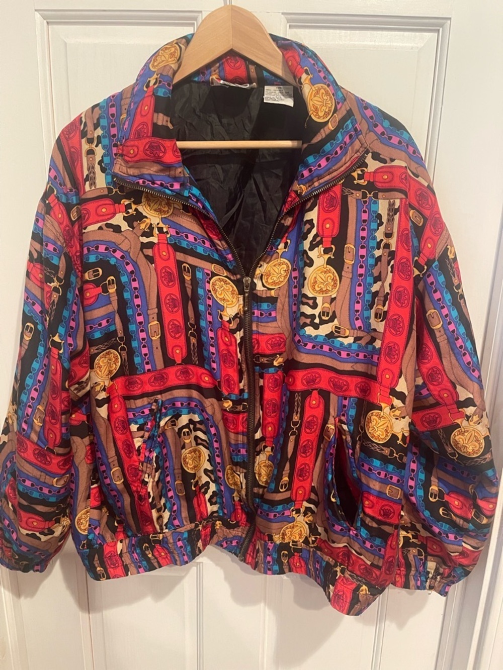 Vintage 80’s EVR Silk Chain Print Zip Jacket - Red, Blue, Black, Gold L